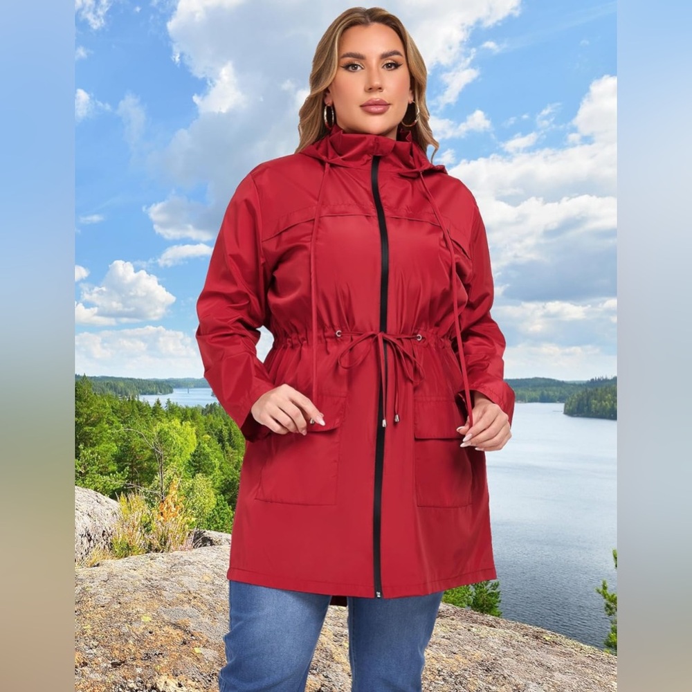 Lightweight Raincoat w/ Hood Windbreaker Waterproof Jackets with Pockets Red